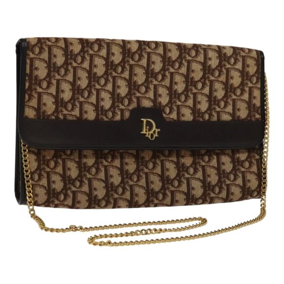 Christian Dior Trotter Canvas Chain Shoulder Bag Gold Brown Auth 111550 - Picture 1 of 16